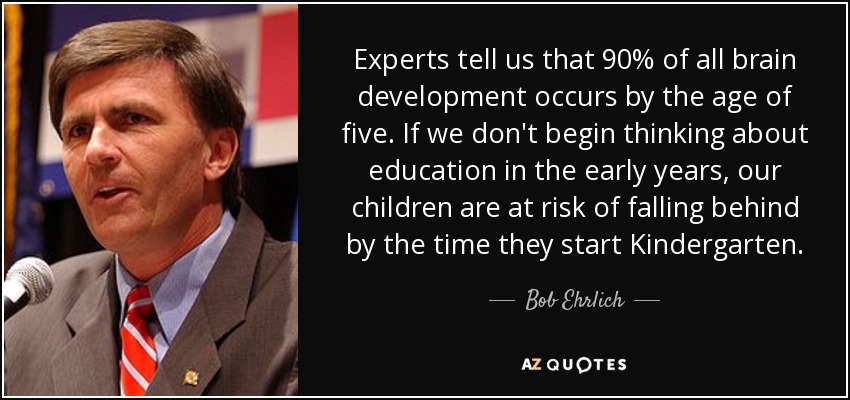 Experts tell us that 90% of all brain development occurs by the age of five. If we don't begin thinking about education in the early years, our children are at risk of falling behind by the time they start Kindergarten. - Bob Ehrlich