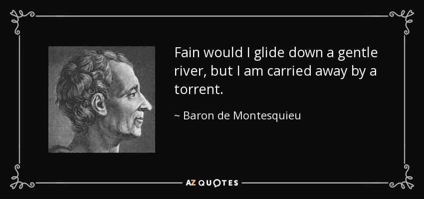 Fain would I glide down a gentle river, but I am carried away by a torrent. - Baron de Montesquieu