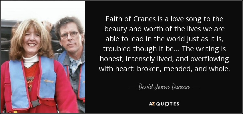 Faith of Cranes is a love song to the beauty and worth of the lives we are able to lead in the world just as it is, troubled though it be... The writing is honest, intensely lived, and overflowing with heart: broken, mended, and whole. - David James Duncan