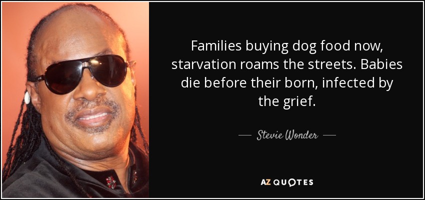 Families buying dog food now, starvation roams the streets. Babies die before their born, infected by the grief. - Stevie Wonder