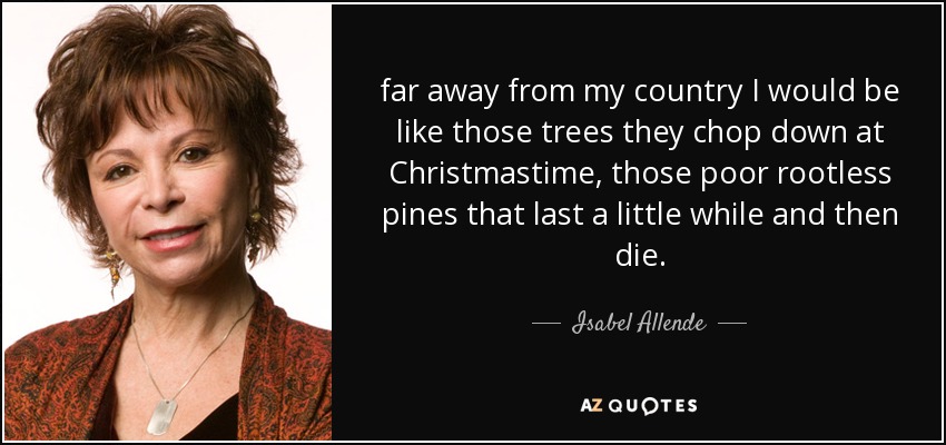far away from my country I would be like those trees they chop down at Christmastime, those poor rootless pines that last a little while and then die. - Isabel Allende