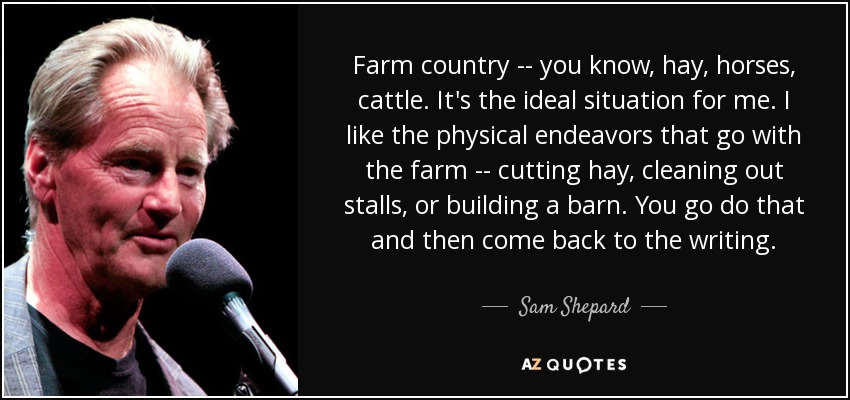 Farm country -- you know, hay, horses, cattle. It's the ideal situation for me. I like the physical endeavors that go with the farm -- cutting hay, cleaning out stalls, or building a barn. You go do that and then come back to the writing. - Sam Shepard
