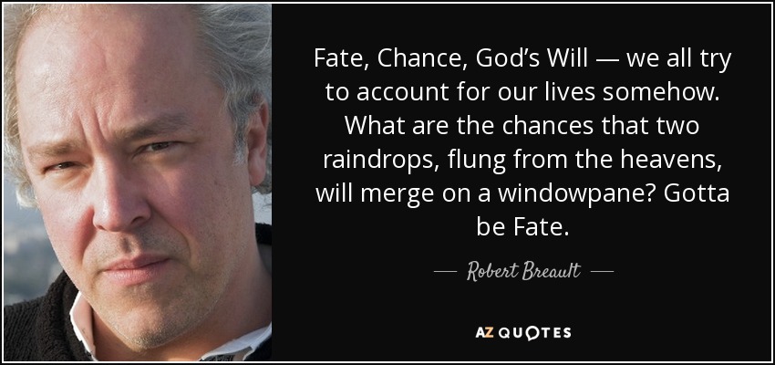 Fate, Chance, God’s Will — we all try to account for our lives somehow. What are the chances that two raindrops, flung from the heavens, will merge on a windowpane? Gotta be Fate. - Robert Breault