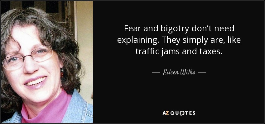 Fear and bigotry don’t need explaining. They simply are, like traffic jams and taxes. - Eileen Wilks