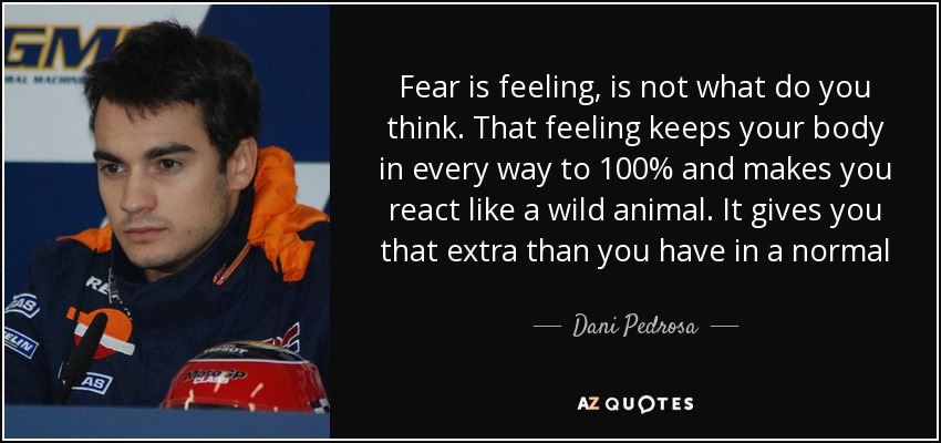 Fear is feeling, is not what do you think. That feeling keeps your body in every way to 100% and makes you react like a wild animal. It gives you that extra than you have in a normal - Dani Pedrosa