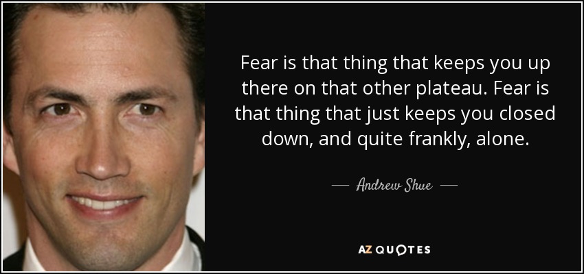 Fear is that thing that keeps you up there on that other plateau. Fear is that thing that just keeps you closed down, and quite frankly, alone. - Andrew Shue