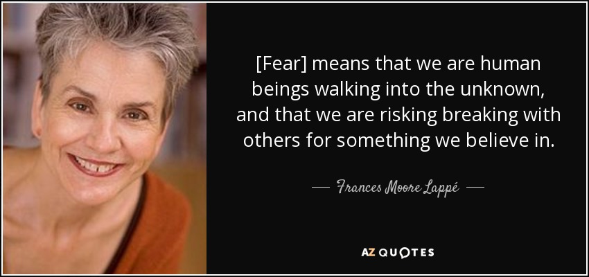 [Fear] means that we are human beings walking into the unknown, and that we are risking breaking with others for something we believe in. - Frances Moore Lappé