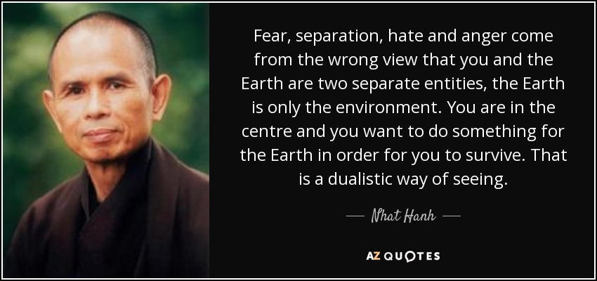 Fear, separation, hate and anger come from the wrong view that you and the Earth are two separate entities, the Earth is only the environment. You are in the centre and you want to do something for the Earth in order for you to survive. That is a dualistic way of seeing. - Nhat Hanh