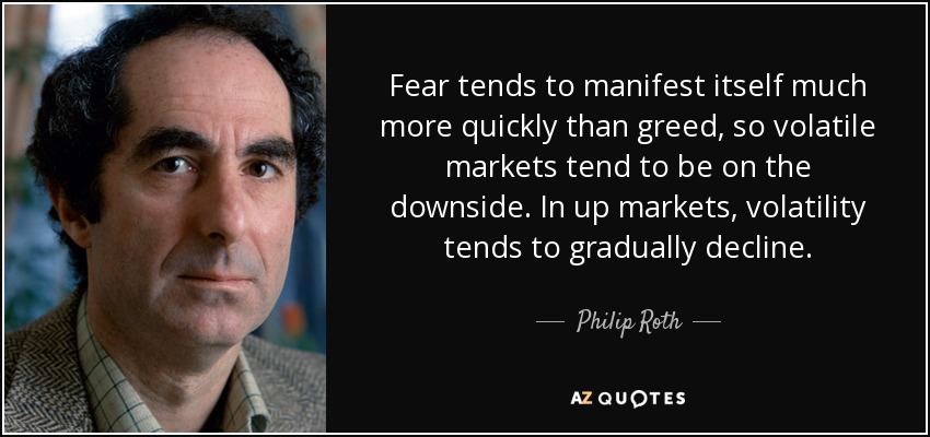 Fear tends to manifest itself much more quickly than greed, so volatile markets tend to be on the downside. In up markets, volatility tends to gradually decline. - Philip Roth