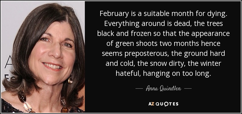 February is a suitable month for dying. Everything around is dead, the trees black and frozen so that the appearance of green shoots two months hence seems preposterous, the ground hard and cold, the snow dirty, the winter hateful, hanging on too long. - Anna Quindlen