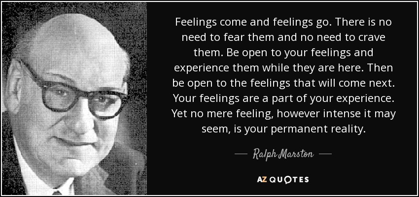 Feelings come and feelings go. There is no need to fear them and no need to crave them. Be open to your feelings and experience them while they are here. Then be open to the feelings that will come next. Your feelings are a part of your experience. Yet no mere feeling, however intense it may seem, is your permanent reality. - Ralph Marston