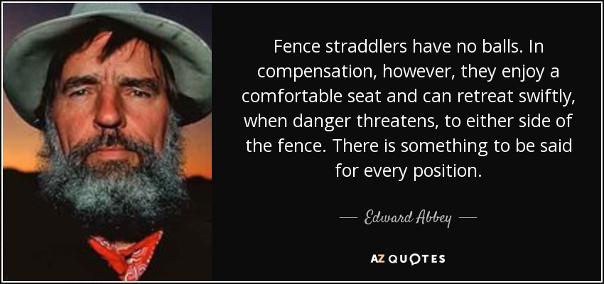 Fence straddlers have no balls. In compensation, however, they enjoy a comfortable seat and can retreat swiftly, when danger threatens, to either side of the fence. There is something to be said for every position. - Edward Abbey