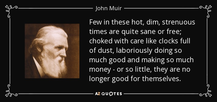 Few in these hot, dim, strenuous times are quite sane or free; choked with care like clocks full of dust, laboriously doing so much good and making so much money - or so little, they are no longer good for themselves. - John Muir