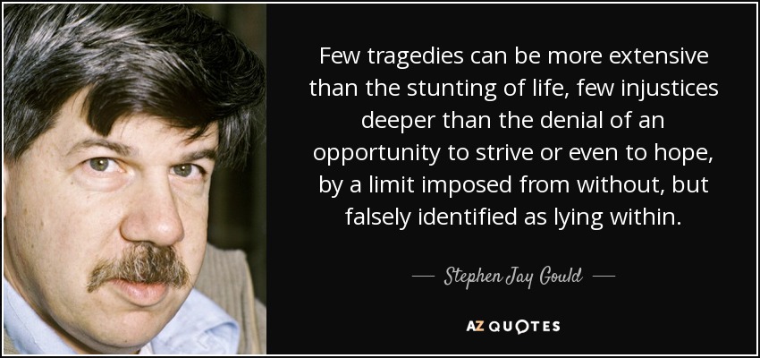 Few tragedies can be more extensive than the stunting of life, few injustices deeper than the denial of an opportunity to strive or even to hope, by a limit imposed from without, but falsely identified as lying within. - Stephen Jay Gould