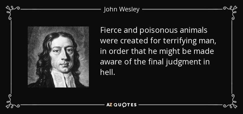 Fierce and poisonous animals were created for terrifying man, in order that he might be made aware of the final judgment in hell. - John Wesley