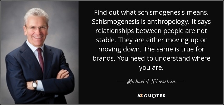 Find out what schismogenesis means. Schismogenesis is anthropology. It says relationships between people are not stable. They are either moving up or moving down. The same is true for brands. You need to understand where you are. - Michael J. Silverstein