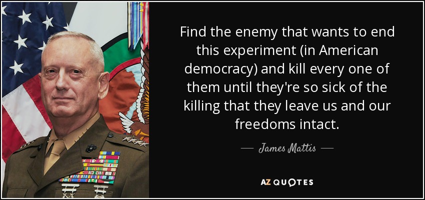 Find the enemy that wants to end this experiment (in American democracy) and kill every one of them until they're so sick of the killing that they leave us and our freedoms intact. - James Mattis