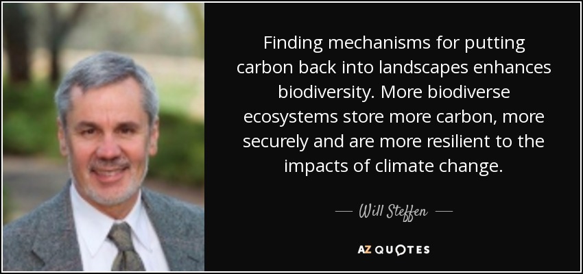 Finding mechanisms for putting carbon back into landscapes enhances biodiversity. More biodiverse ecosystems store more carbon, more securely and are more resilient to the impacts of climate change. - Will Steffen