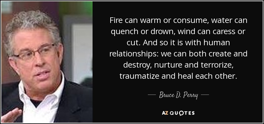 Fire can warm or consume, water can quench or drown, wind can caress or cut. And so it is with human relationships: we can both create and destroy, nurture and terrorize, traumatize and heal each other. - Bruce D. Perry