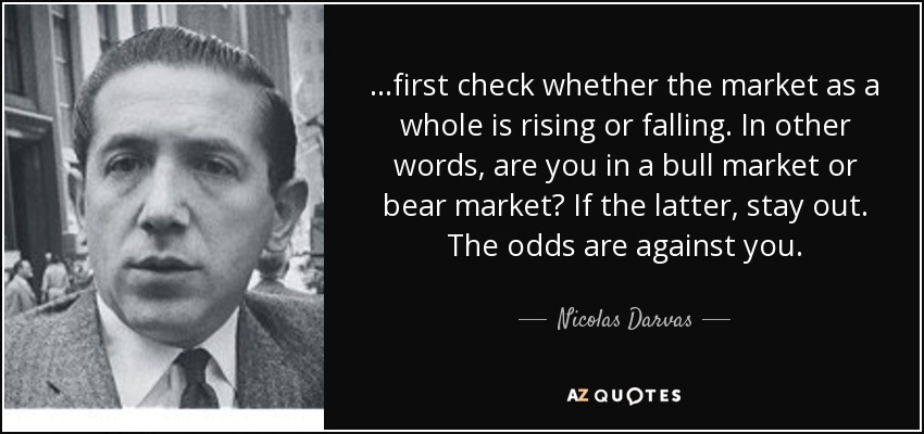 ...first check whether the market as a whole is rising or falling. In other words, are you in a bull market or bear market? If the latter, stay out. The odds are against you. - Nicolas Darvas