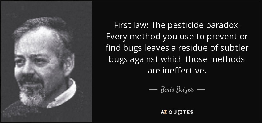 First law: The pesticide paradox. Every method you use to prevent or find bugs leaves a residue of subtler bugs against which those methods are ineffective. - Boris Beizer