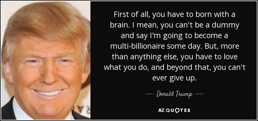 First of all, you have to born with a brain. I mean, you can't be a dummy and say I'm going to become a multi-billionaire some day. But, more than anything else, you have to love what you do, and beyond that, you can't ever give up. - Donald Trump