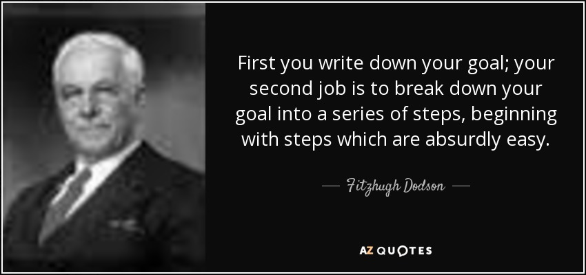 First you write down your goal; your second job is to break down your goal into a series of steps, beginning with steps which are absurdly easy. - Fitzhugh Dodson