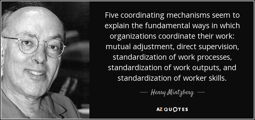 Five coordinating mechanisms seem to explain the fundamental ways in which organizations coordinate their work: mutual adjustment, direct supervision, standardization of work processes, standardization of work outputs, and standardization of worker skills. - Henry Mintzberg