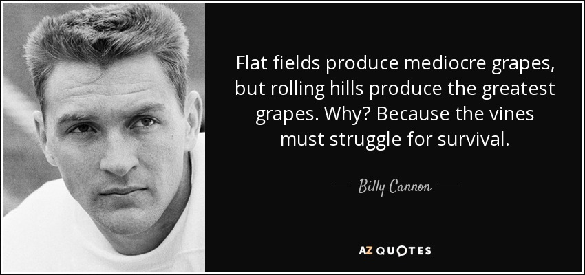 Flat fields produce mediocre grapes, but rolling hills produce the greatest grapes. Why? Because the vines must struggle for survival. - Billy Cannon