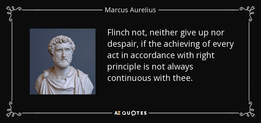 Flinch not, neither give up nor despair, if the achieving of every act in accordance with right principle is not always continuous with thee. - Marcus Aurelius