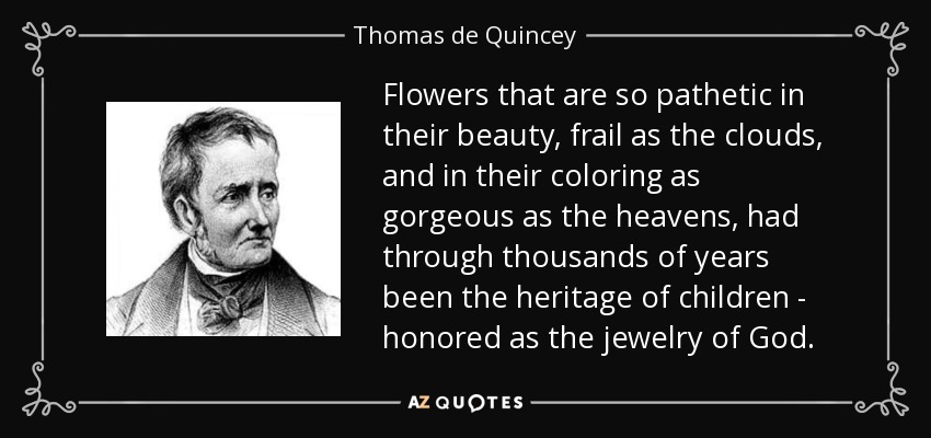 Flowers that are so pathetic in their beauty, frail as the clouds, and in their coloring as gorgeous as the heavens, had through thousands of years been the heritage of children - honored as the jewelry of God. - Thomas de Quincey