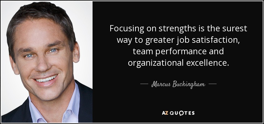 Focusing on strengths is the surest way to greater job satisfaction, team performance and organizational excellence. - Marcus Buckingham