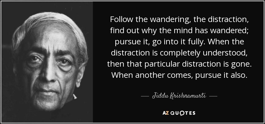 Follow the wandering, the distraction, find out why the mind has wandered; pursue it, go into it fully. When the distraction is completely understood, then that particular distraction is gone. When another comes, pursue it also. - Jiddu Krishnamurti