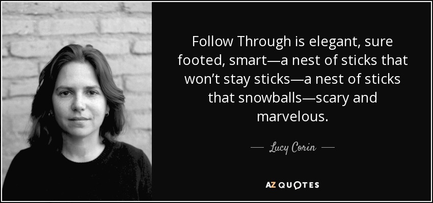 Follow Through is elegant, sure footed, smart—a nest of sticks that won’t stay sticks—a nest of sticks that snowballs—scary and marvelous. - Lucy Corin