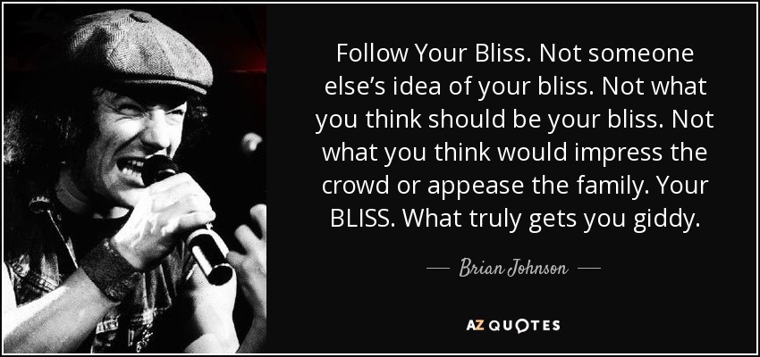 Follow Your Bliss. Not someone else’s idea of your bliss. Not what you think should be your bliss. Not what you think would impress the crowd or appease the family. Your BLISS. What truly gets you giddy. - Brian Johnson