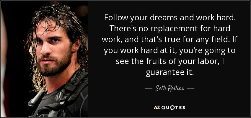 Follow your dreams and work hard. There's no replacement for hard work, and that's true for any field. If you work hard at it, you're going to see the fruits of your labor, I guarantee it. - Seth Rollins