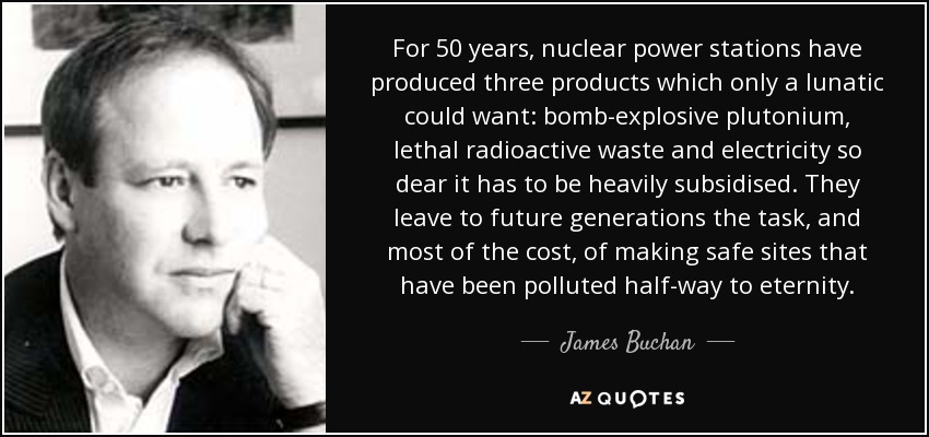 For 50 years, nuclear power stations have produced three products which only a lunatic could want: bomb-explosive plutonium, lethal radioactive waste and electricity so dear it has to be heavily subsidised. They leave to future generations the task, and most of the cost, of making safe sites that have been polluted half-way to eternity. - James Buchan