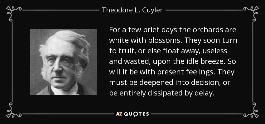 For a few brief days the orchards are white with blossoms. They soon turn to fruit, or else float away, useless and wasted, upon the idle breeze. So will it be with present feelings. They must be deepened into decision, or be entirely dissipated by delay. - Theodore L. Cuyler