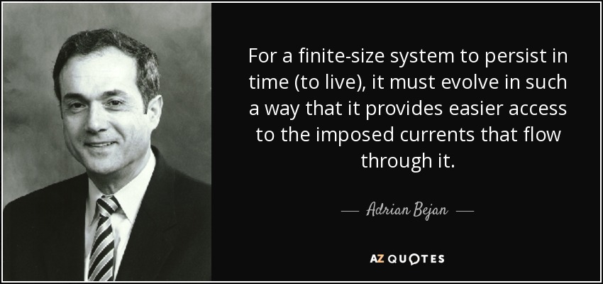 For a finite-size system to persist in time (to live), it must evolve in such a way that it provides easier access to the imposed currents that flow through it. - Adrian Bejan
