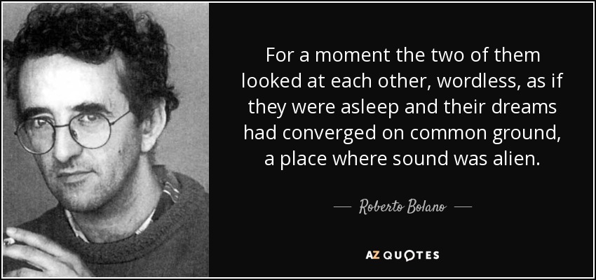 For a moment the two of them looked at each other, wordless, as if they were asleep and their dreams had converged on common ground, a place where sound was alien. - Roberto Bolano