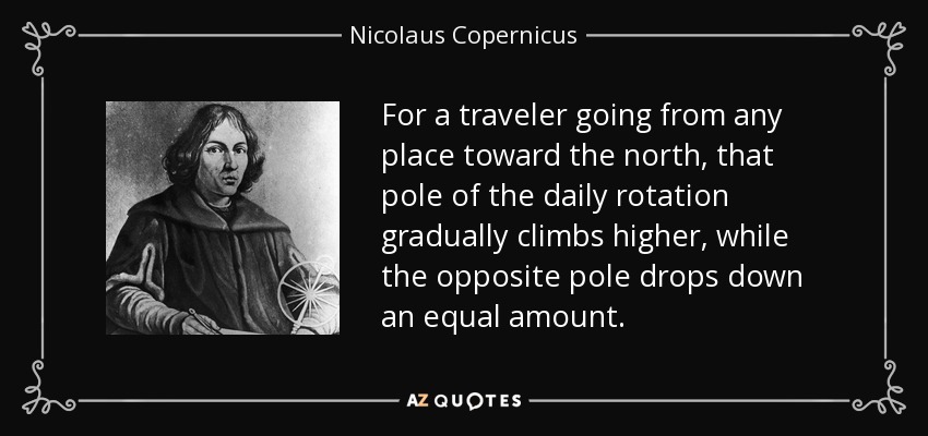 For a traveler going from any place toward the north, that pole of the daily rotation gradually climbs higher, while the opposite pole drops down an equal amount. - Nicolaus Copernicus