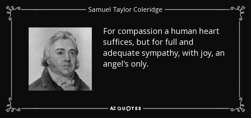 For compassion a human heart suffices, but for full and adequate sympathy, with joy, an angel's only. - Samuel Taylor Coleridge