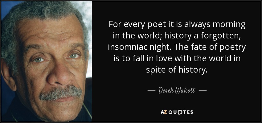For every poet it is always morning in the world; history a forgotten, insomniac night. The fate of poetry is to fall in love with the world in spite of history. - Derek Walcott