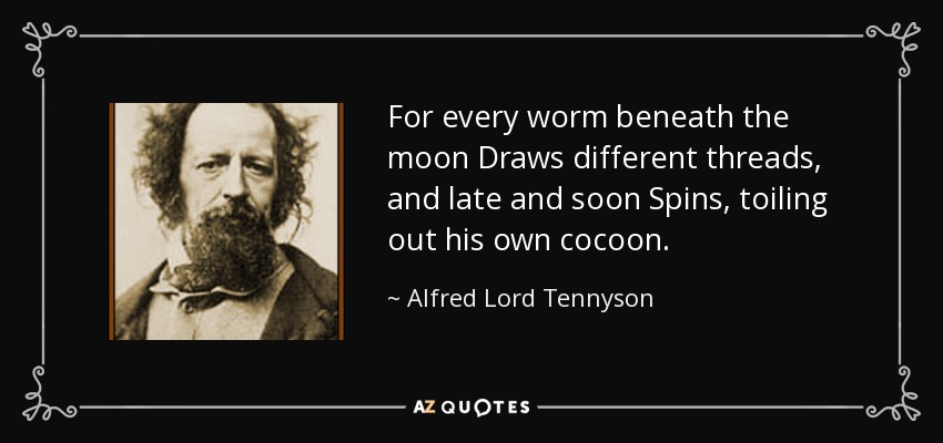 For every worm beneath the moon Draws different threads, and late and soon Spins, toiling out his own cocoon. - Alfred Lord Tennyson