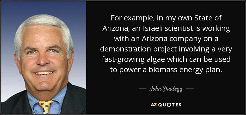 For example, in my own State of Arizona, an Israeli scientist is working with an Arizona company on a demonstration project involving a very fast-growing algae which can be used to power a biomass energy plan. - John Shadegg
