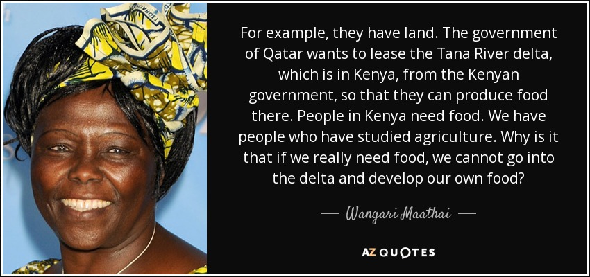 For example, they have land. The government of Qatar wants to lease the Tana River delta, which is in Kenya, from the Kenyan government, so that they can produce food there. People in Kenya need food. We have people who have studied agriculture. Why is it that if we really need food, we cannot go into the delta and develop our own food? - Wangari Maathai