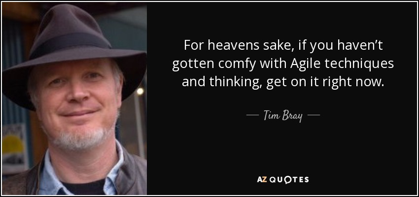 For heavens sake, if you haven’t gotten comfy with Agile techniques and thinking, get on it right now. - Tim Bray