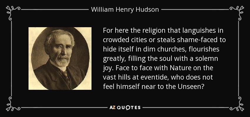 For here the religion that languishes in crowded cities or steals shame-faced to hide itself in dim churches, flourishes greatly, filling the soul with a solemn joy. Face to face with Nature on the vast hills at eventide, who does not feel himself near to the Unseen? - William Henry Hudson