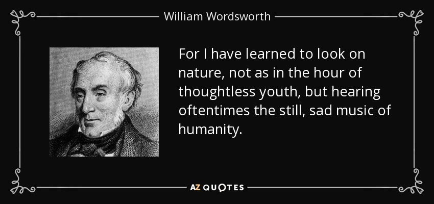 For I have learned to look on nature, not as in the hour of thoughtless youth, but hearing oftentimes the still, sad music of humanity. - William Wordsworth