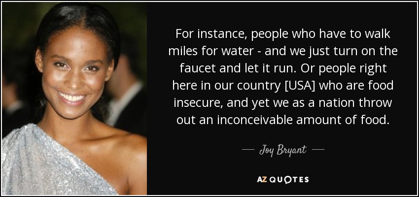 For instance, people who have to walk miles for water - and we just turn on the faucet and let it run. Or people right here in our country [USA] who are food insecure, and yet we as a nation throw out an inconceivable amount of food. - Joy Bryant